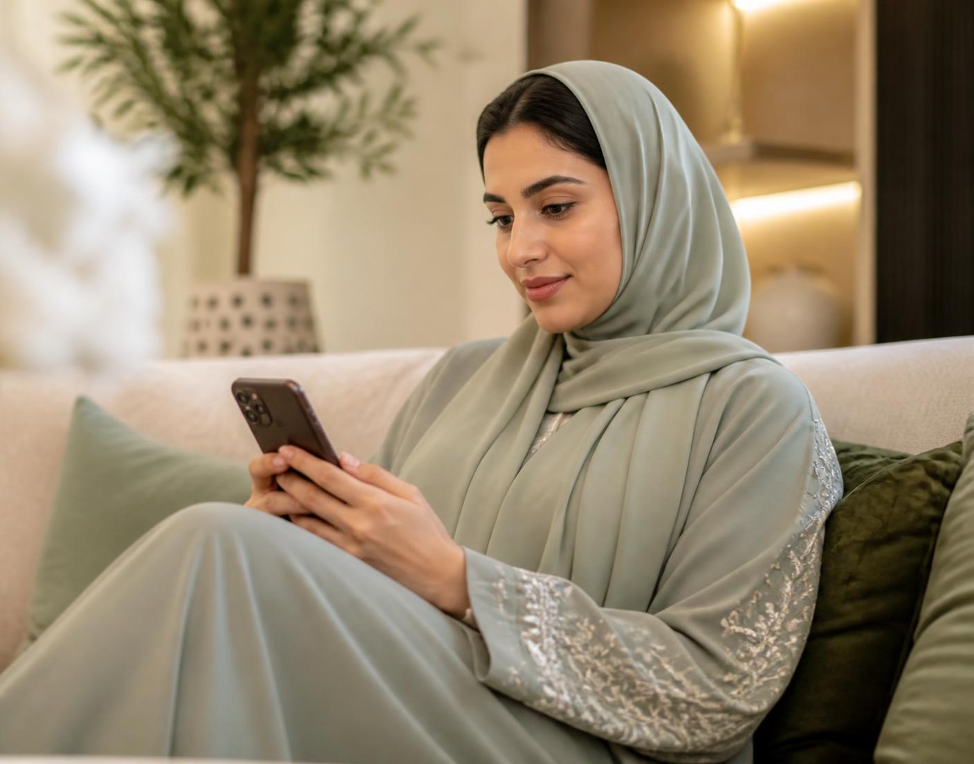 امرأة سعودية تجلس في منزلها وتقرأ على هاتفها بهدوء