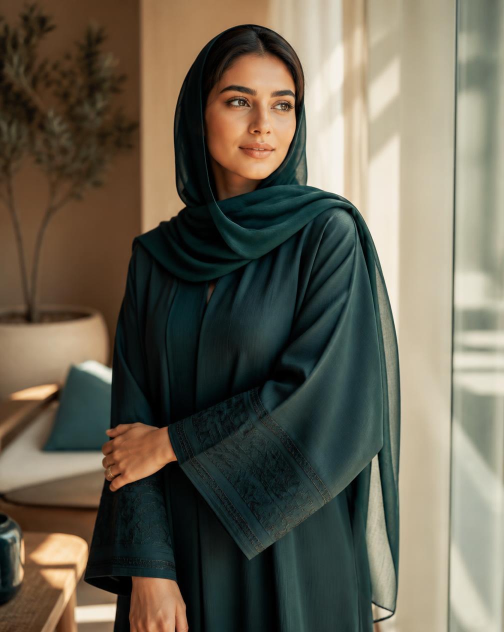 امرأة سعودية شابة تقف قرب نافذة مشمسة في منزلها بملامح هادئة